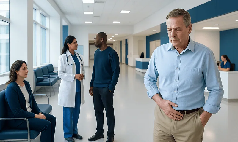 Patient with prostate biopsy complications in hospital corridor.