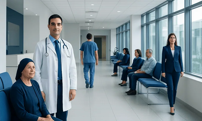 Medical staff and patients in a hospital waiting area with large windows.