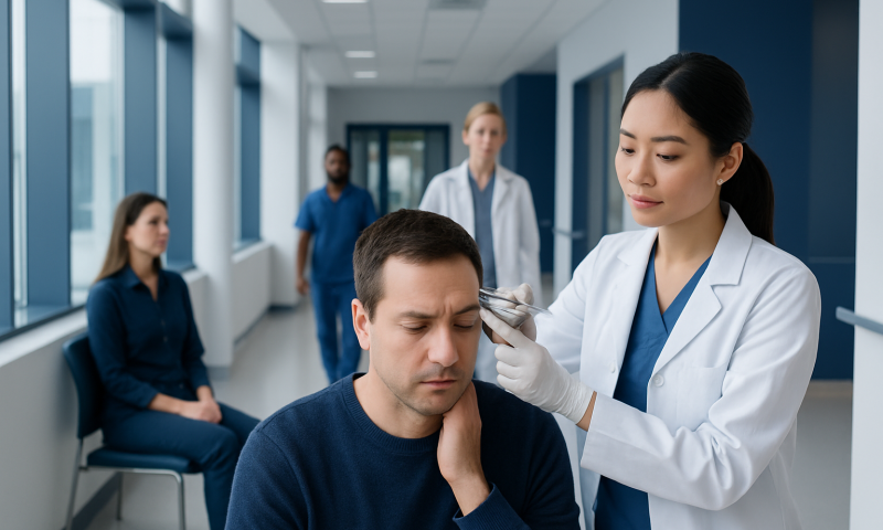 Doctor administering Botox injection for migraine treatment in clinic.