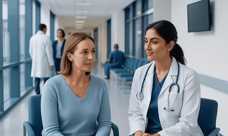 Doctor consulting a patient in a hospital corridor.