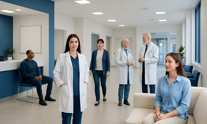 Medical professionals and patients in a modern hospital waiting area.