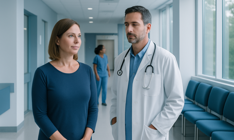 Doctor and patient having a consultation in hospital corridor.