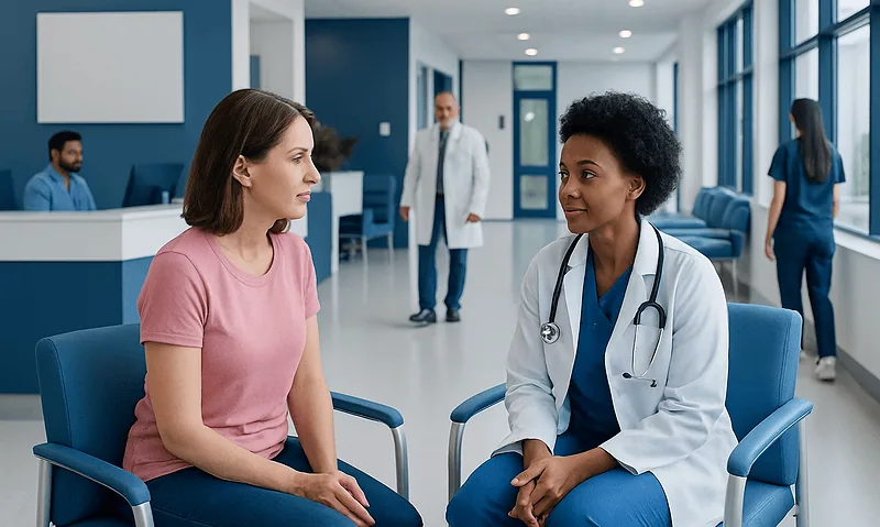 Doctor consulting a patient in a modern hospital corridor.