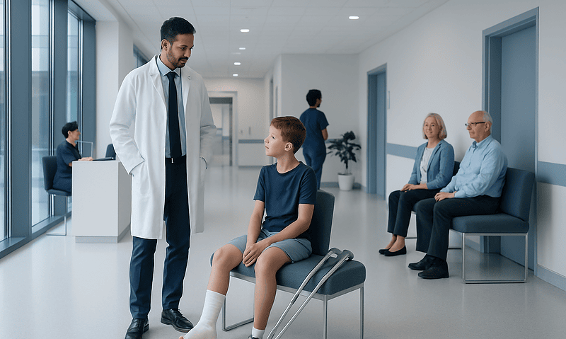 Doctor consulting boy with ankle injury in hospital corridor.