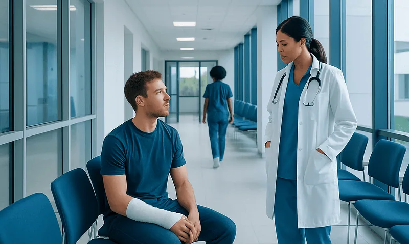 Broken Hamate Bone Recovery: A Week-by-Week Timeline 10 Patient with arm injury consulting with doctor in hospital corridor.