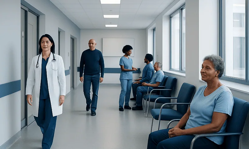Hospital corridor with medical staff and patients waiting.