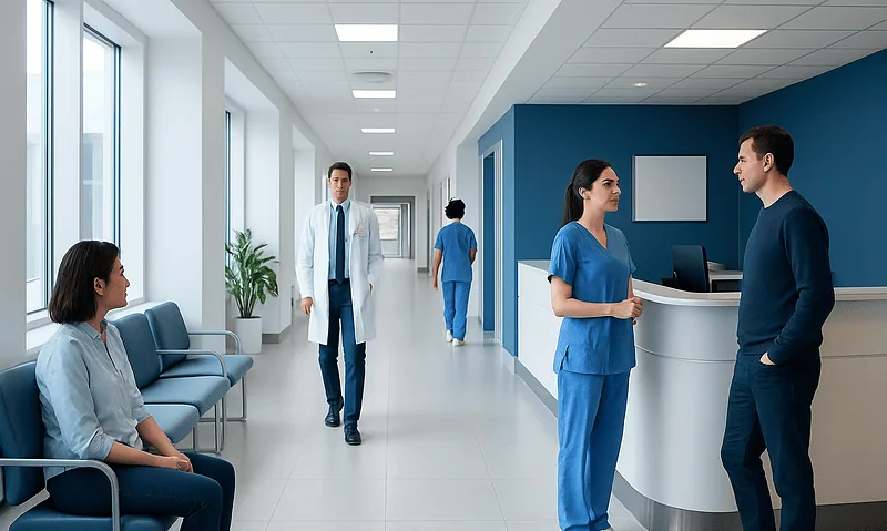 Healthcare professionals and patients in a modern hospital corridor.