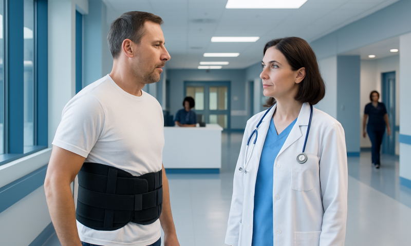 Patient with back brace consulting with doctor in hospital corridor.