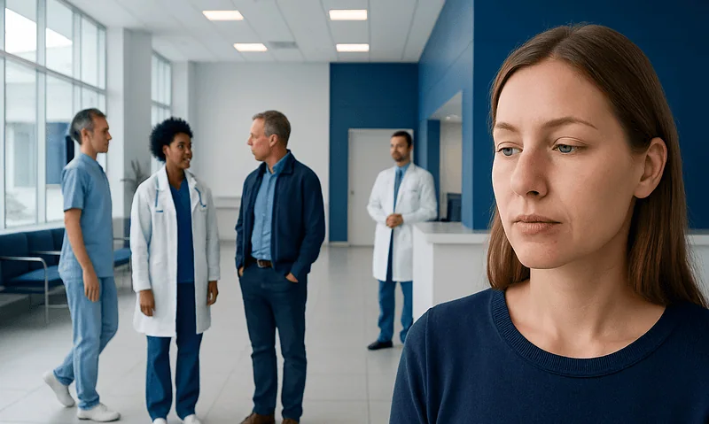 Concerned woman in hospital corridor with medical staff in background.