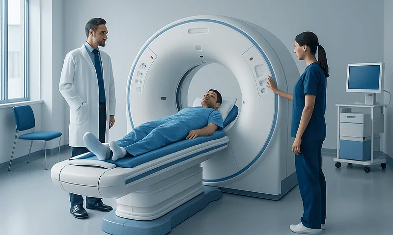 Patient undergoing a CT scan in a medical facility with healthcare professionals present.
