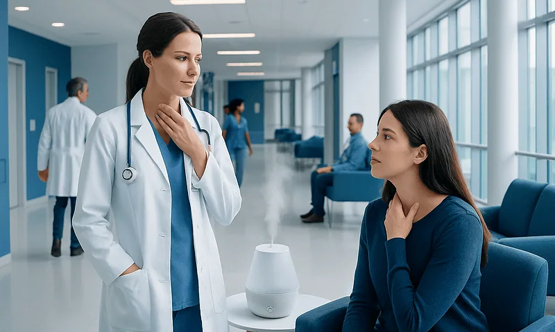 Doctor explaining to patient with humidifier in hospital corridor.