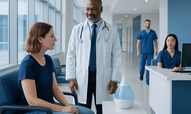 Doctor consulting a patient in a modern hospital corridor with humidifier on table.