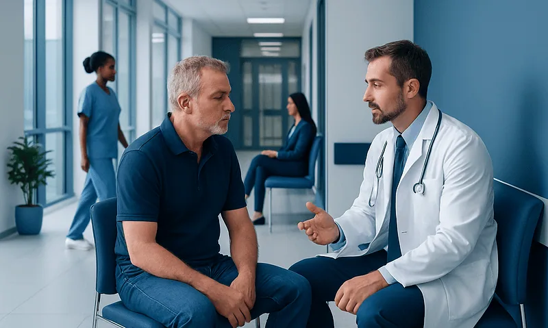 Doctor consulting with male patient in hospital corridor.