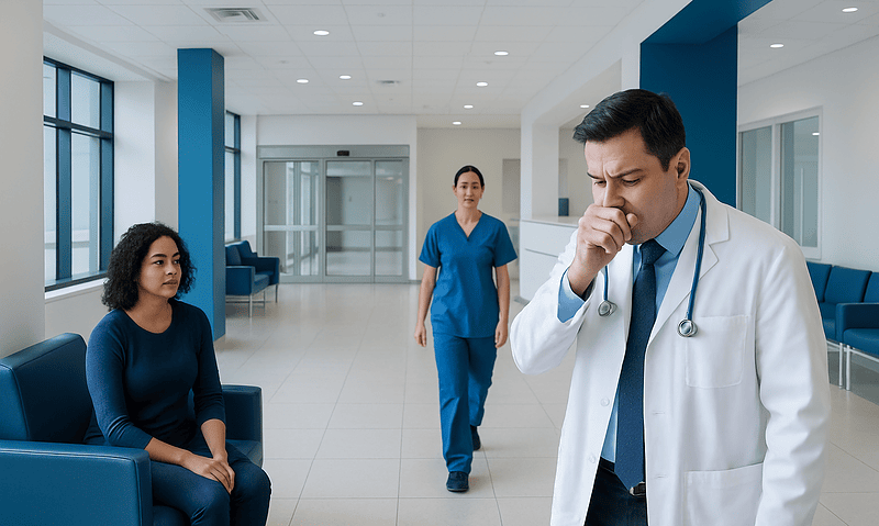 Doctor and patient in hospital waiting area, healthcare setting.