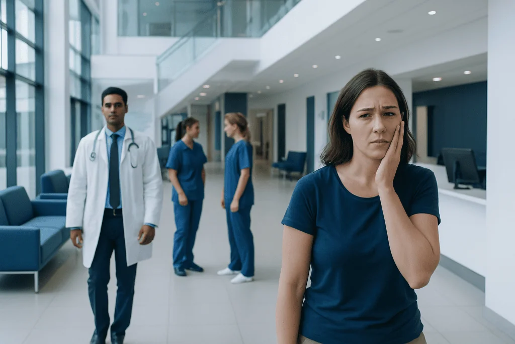 Tooth Infection: How Long Until It Becomes Dangerous? 1 Concerned woman in hospital corridor with medical staff in background.