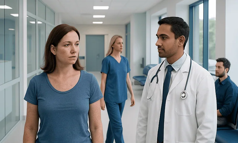 Doctor consulting a patient in a hospital corridor.