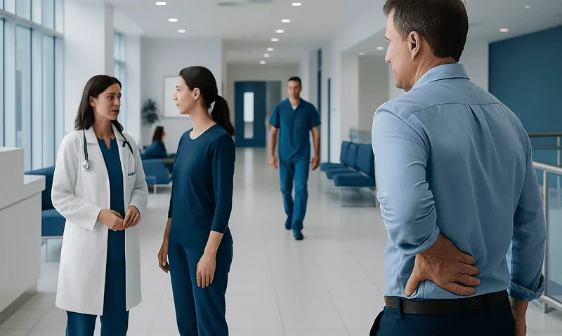 Hospital staff discussing patient care in a modern medical facility.