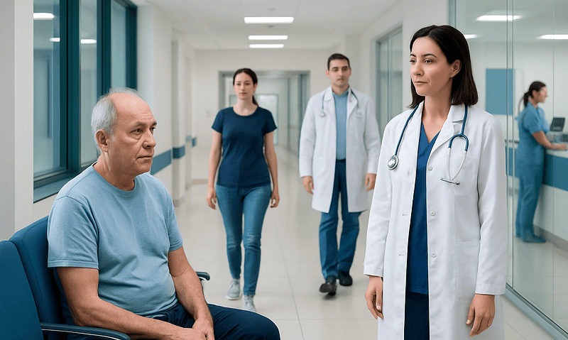Doctor speaking with elderly patient in hospital corridor.
