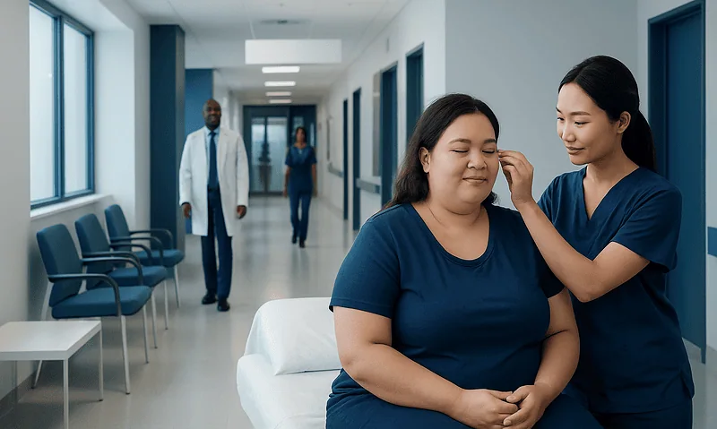 Nurse administering acupuncture treatment to a patient in a hospital corridor.