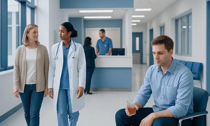 Patient with doctor and nurse in hospital corridor.