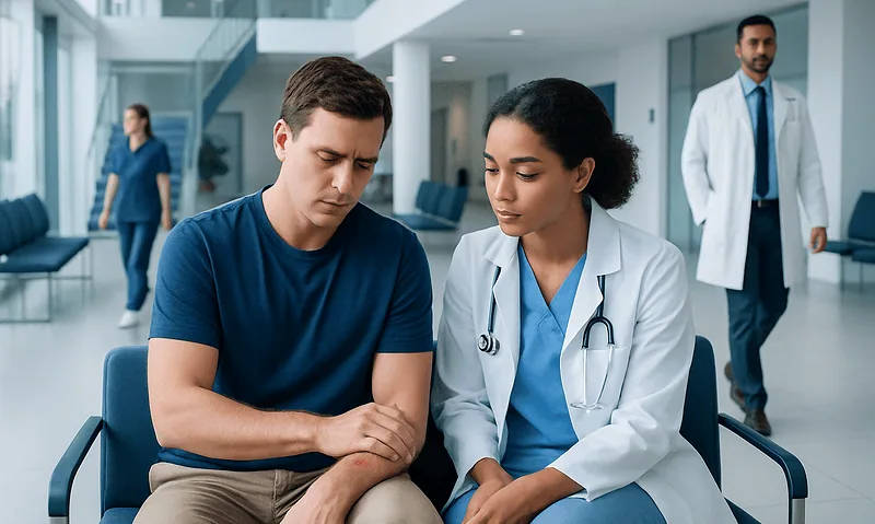 Patient consulting with a doctor in a hospital waiting area.