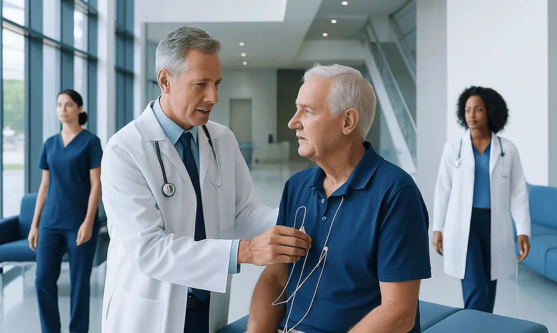 Doctor examining a senior male patient with ECG leads in hospital corridor.