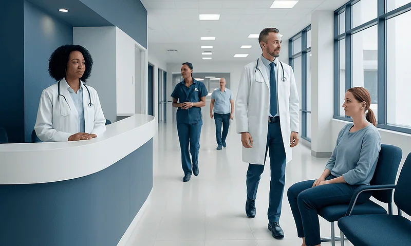 Medical professionals consulting with a patient in a hospital corridor.