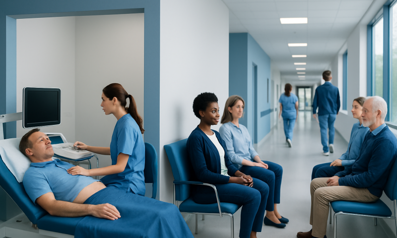 Patient undergoing ultrasound exam in hospital corridor with medical staff and visitors.