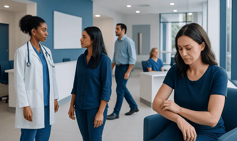 Patient experiencing stress hives in a hospital waiting area.