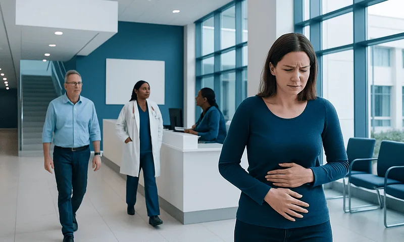 Woman with stomach pain in hospital lobby with medical staff nearby.