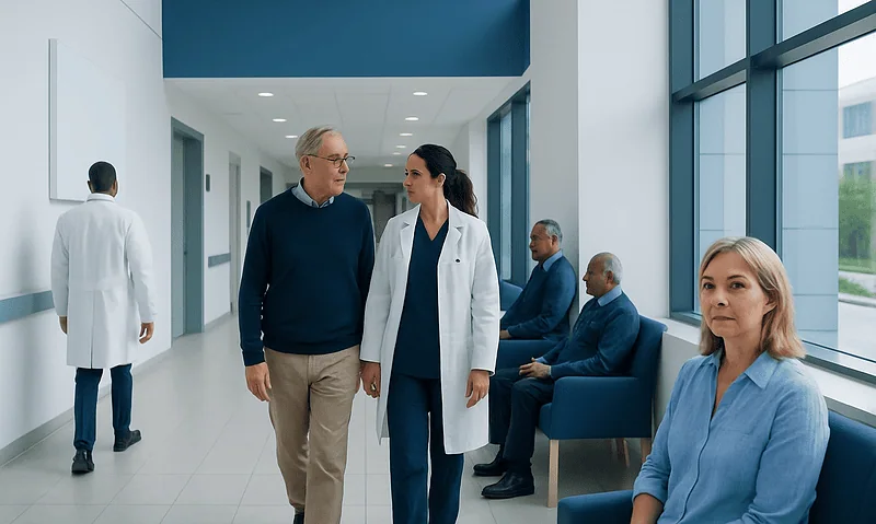 Healthcare professionals and patients in a modern hospital corridor.