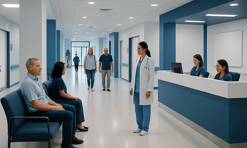Modern hospital reception area with staff and patients.
