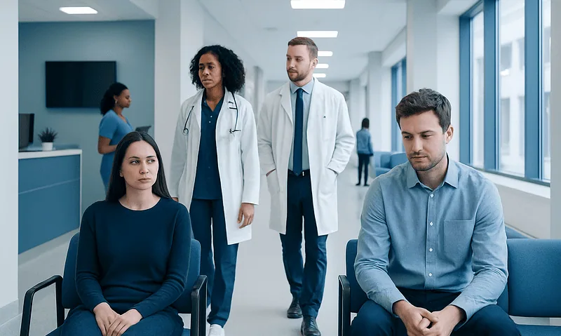 Medical team consulting with patients in a hospital corridor.