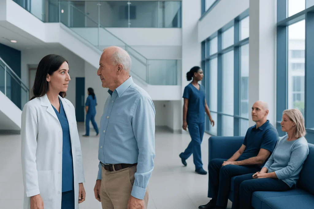 Can Bladder Cancer Return after Bladder Removal: Procedure, Recovery and Results 1 Urologist consulting with a patient in a modern hospital lobby.