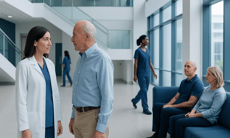 Can Bladder Cancer Return after Bladder Removal: Procedure, Recovery and Results 5 Urologist consulting with a patient in a modern hospital lobby.