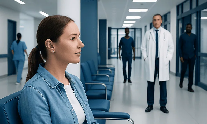 Medical professionals and a patient in a hospital corridor.