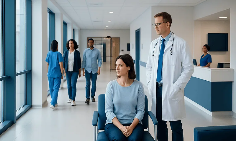 Medical team and patient in hospital corridor with large windows.