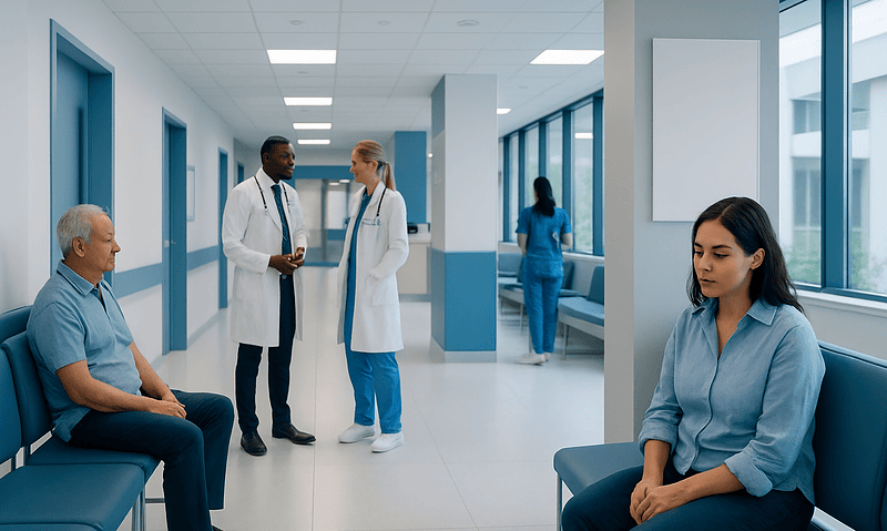 Patients waiting in a hospital corridor with medical staff consulting.