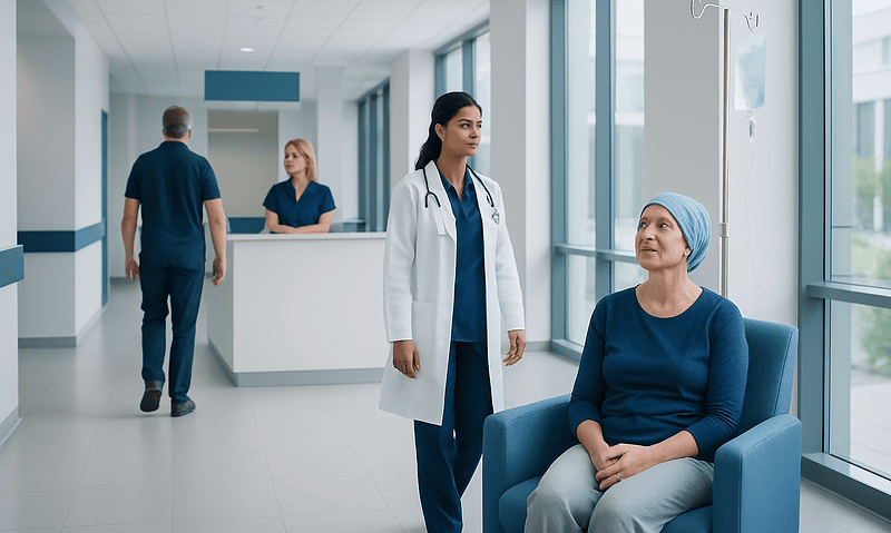 Patient receiving chemotherapy treatment in a hospital corridor.