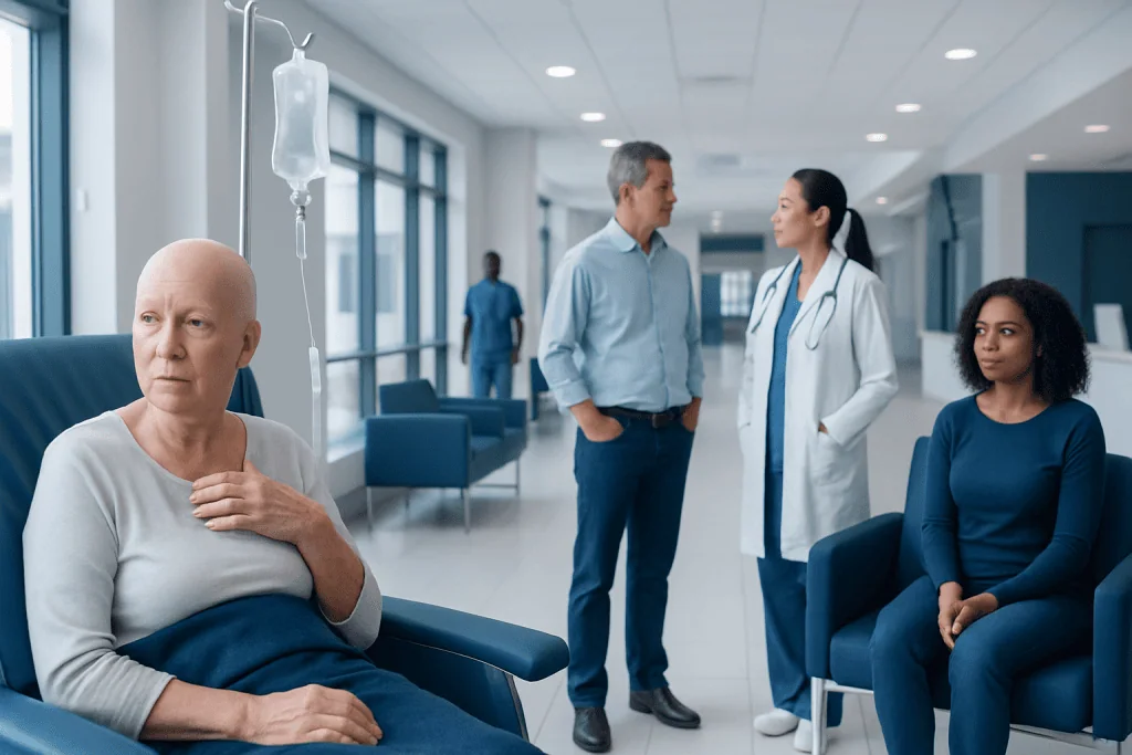 Can Chemo Cause Breathing Problems: How It Works, Results and What to Expect 1 Patient receiving IV therapy in hospital corridor with medical staff nearby.