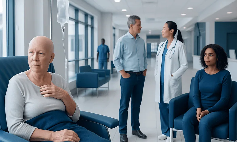 Patient receiving IV therapy in hospital corridor with medical staff nearby.