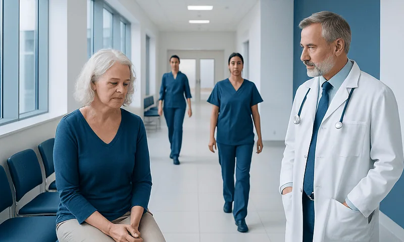 Doctor consulting elderly woman in hospital corridor with nurses in background.