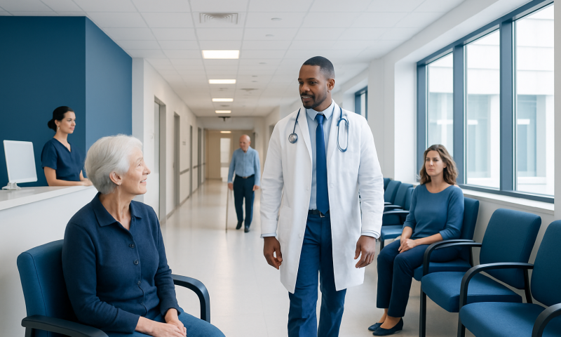 Healthcare professional talking to elderly patient in hospital corridor.