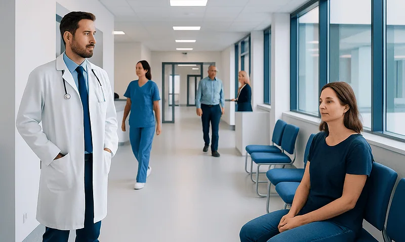 Doctor and patient in a modern hospital corridor with waiting area seats.