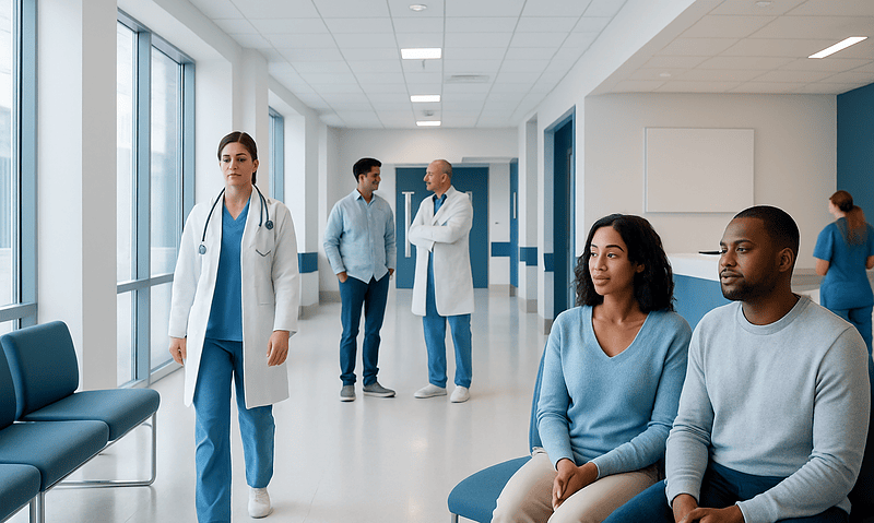 Medical professionals and patients in a modern hospital corridor.