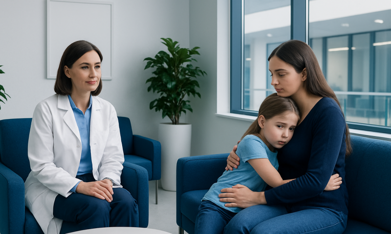 Child and mother in therapy session with psychologist at clinic.