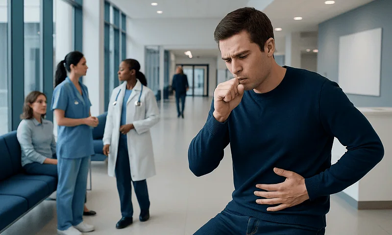 Young man experiencing stomach pain in hospital corridor with medical staff.