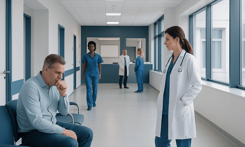 Doctor consulting with a patient in a hospital corridor.