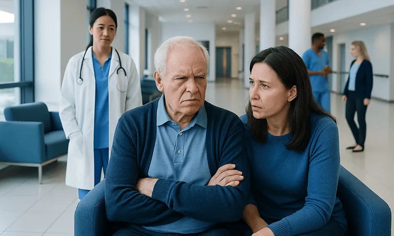 Elderly man and caregiver having a serious discussion in hospital lobby.
