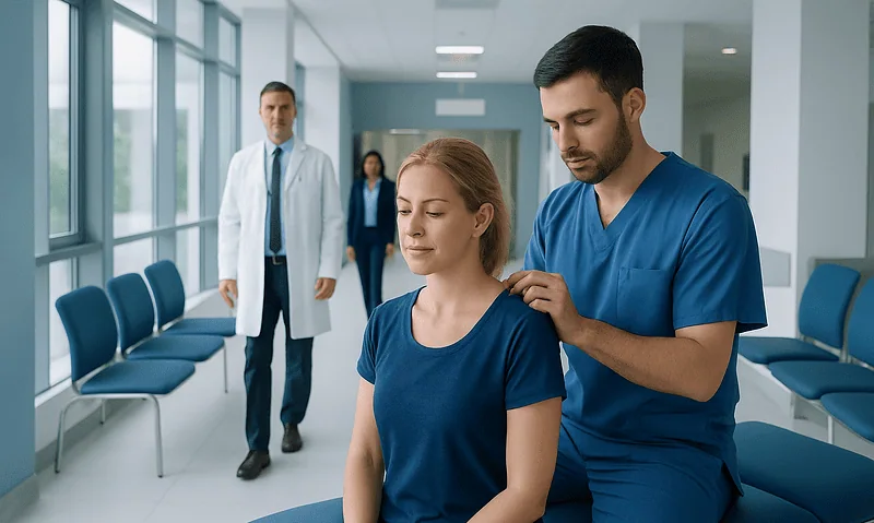 Physiotherapist performs dry needling on a patient in a hospital corridor.